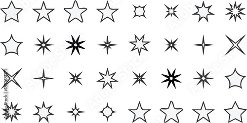 Star Collection: A collection of various star icons representing brilliance, achievement, and aspiration. Ideal for diverse design purposes. 