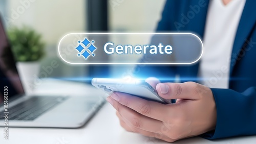 User interacting with a glowing generate button on a mobile interface in a modern office