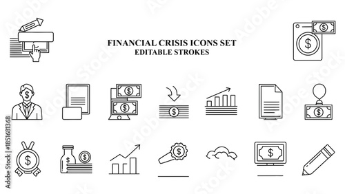 Outline icons representing business finance success planning investment and achievement on transparent background