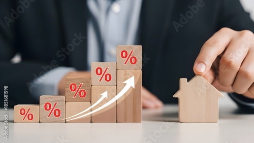 Businessman placing a house icon next to rising interest rate blocks showing real estate growth