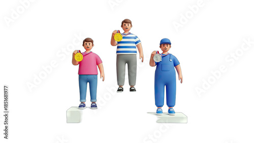 Winners Holding Medals on Podium - 3D Illustration