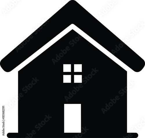 Black silhouette icon of a house with a window and door on a white background Keywords: house, home, building, icon, symbol, silhouette, black and white, architecture, real estate, property