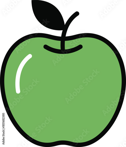 Green Apple with Black Outline and Stem with Leaf on White Background fruit food