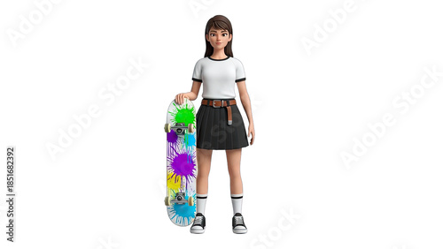 Young Woman Posing with Skateboard on White Background