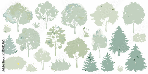 A collection of stylized trees and foliage in muted green tones