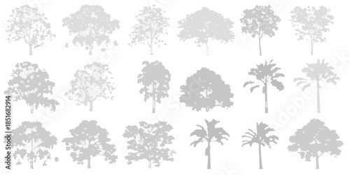 A collection of various tree silhouettes in grayscale tones visually arranged