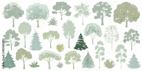 Collection of various stylized trees and foliage in muted green tones