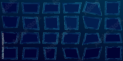 Abstract arrangement of dark blue rectangles with glowing neon square borders
