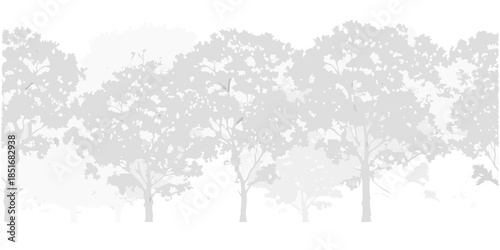 A grayscale silhouette of a dense forest with many trees visible
