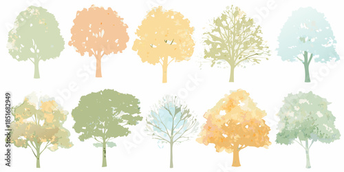 A collection of watercolor trees in various autumnal and pastel shades