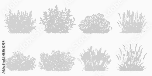 A collection of gray silhouettes depicting various shrub and bush shapes