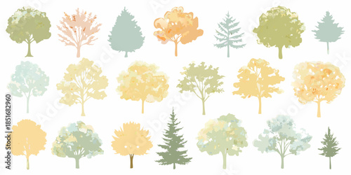 A collection of stylized watercolor trees in various autumnal and pastel shades