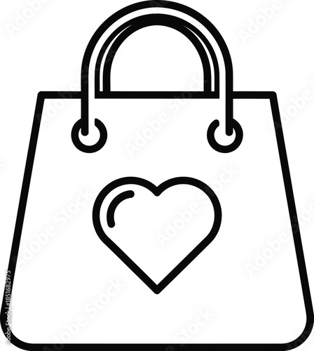 Black outline shopping bag icon with heart symbol on white background love