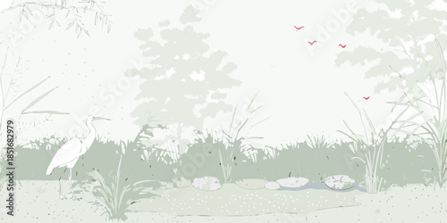 Serene wetland scene with a white heron birds and lush vegetation