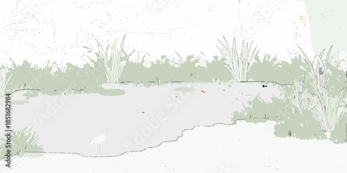 A small bird foraging near a concrete path in grassy vegetation