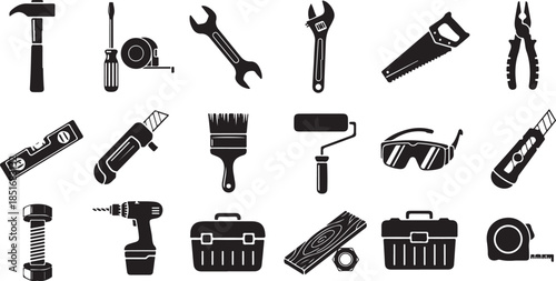 Black silhouette tools for construction and DIY projects