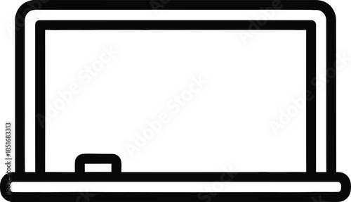 Black outline icon of a laptop computer with a blank screen and a small rectangle representing a trackpad on a white background Keywords: laptop, computer, technology, device, screen, display