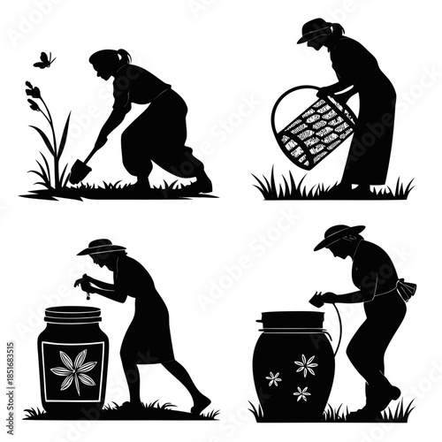 Silhouettes of women engaging in gardening activities
