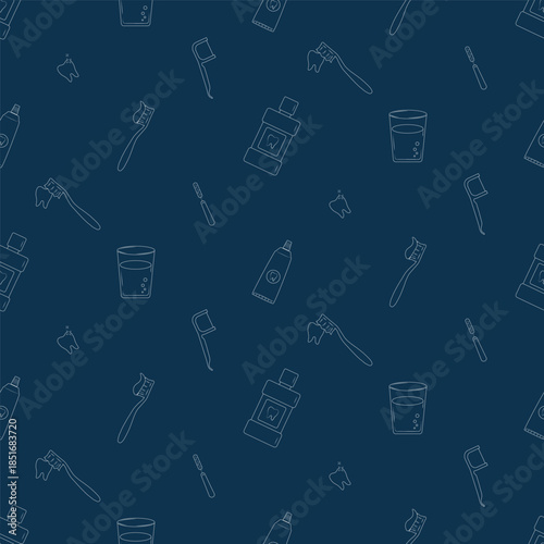 Seamless Dental Hygiene Pattern with Toothbrush and Oral Care Line Icons on Dark Blue Background
