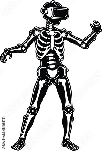 Skeleton Wearing Virtual Reality Headset in Black and White technology