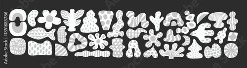 Abstract elements set. Monochrome elements. Circle, flower, fish, geometric shapes sticker pack. Groovy funky bird, bubble, plants, moon, waves. Liquid playful doodle, sketch, organic form stickers.