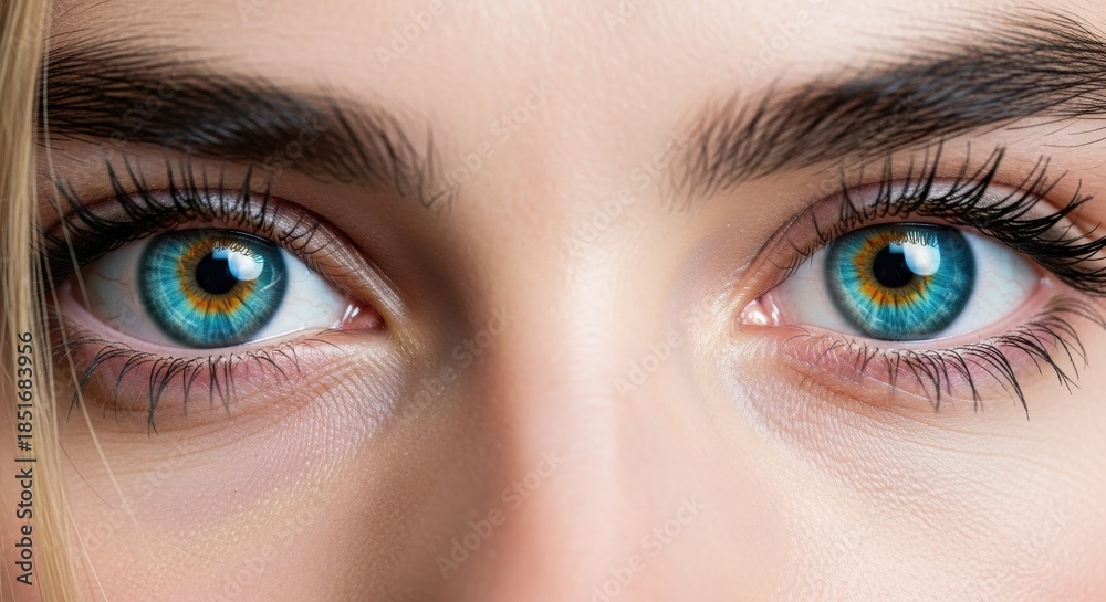 Obraz premium Extreme Close-up of Woman's Striking Blue and Amber Heterochromatic Eyes, Showcasing Perfect Vision and Unique Cosmetic Beauty.