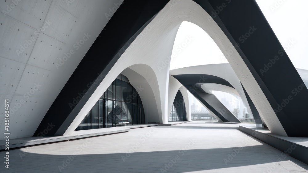Obraz premium A bold building merges smooth white arcs with jagged black steel beams forming dramatic architectural duality Shadows sculpt