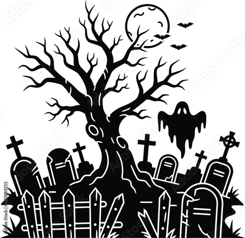 Spooky Halloween graveyard scene with bare tree full moon bats ghost and fence cemetery scary