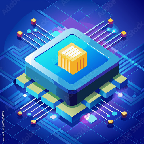 Brightly glowing AI chip on light circuit board on technology blue background. CPU processor or semiconductor on tech bg. Computer microchip on motherboard. Abstract digital vector illustration.
