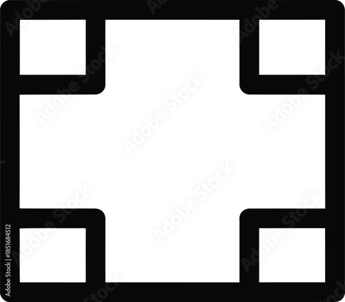 Black thick outline of a square with rounded corners and four smaller squares at each corner frame border