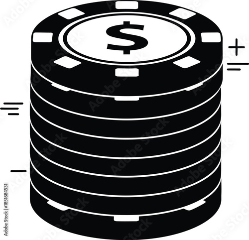 Stack of casino chips with dollar sign on white background Keywords: casino chips, gambling, money, dollar sign, stack, chips, poker, bet, wealth, finance, risk, game, luck, fortune, illustration
