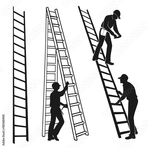 Silhouettes of people climbing ladders
