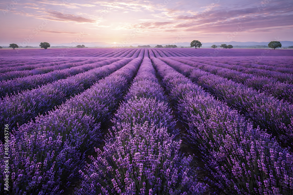 Obraz premium Purple lavender flowers blooming in a wide agricultural field