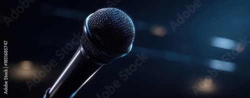 The Microphone on a Dark Stage with Cinematic Blue Spotlight and Shallow Focus