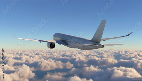 White Airplane Airbus A350 Modern Passenger Jet Plane Flying Above the Clouds with Blue Sky corner back view