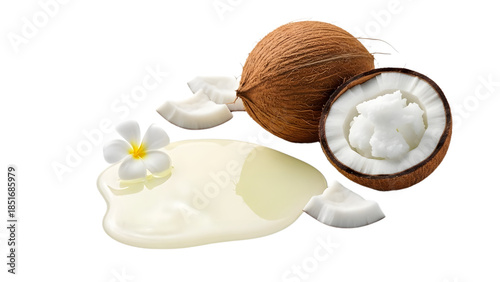 A vibrant still life featuring a whole coconut cracked open revealing its white flesh alongside a pool of creamy coconut oil and a delicate plumeria flower on a clear background