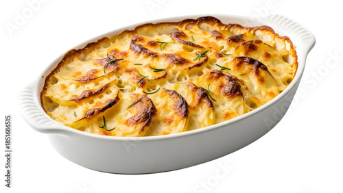 Potato gratin png baked potato dish png cheesy gratin png creamy potato layers png transparent background image
