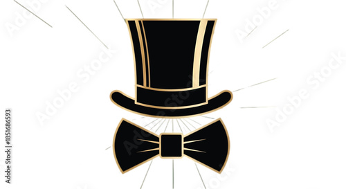 Elegant black top hat and bow tie graphic with golden accents on white background