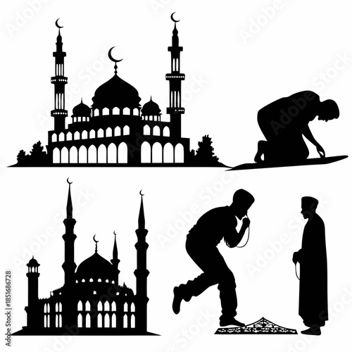 Silhouettes of mosques and people praying
