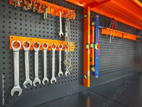 tool kit hanging on the stand wall