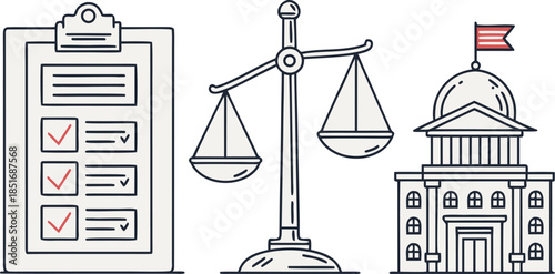 Legal and Justice System Illustration Featuring Scales of Justice and Government Building