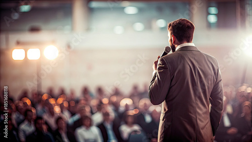 Back view of motivational speaker on stage concept. A speaker presents ideas to a captivated corporate audience.