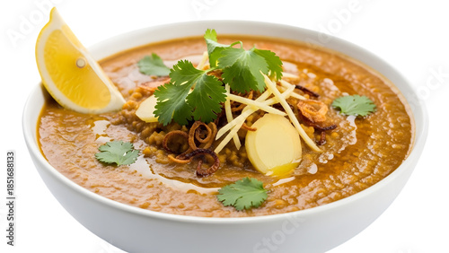 Traditional haleem stew topped with fresh ginger, cilantro, fried onions, lemon