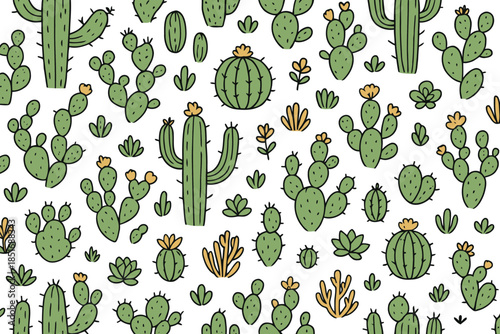 Playful Green Cactus and Desert Plant Pattern on White Background