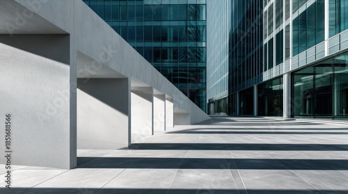 A bold skyscraper integrates smooth white concrete slabs with glossy reflective glass emphasizing structural duality Shadows fall sharply
