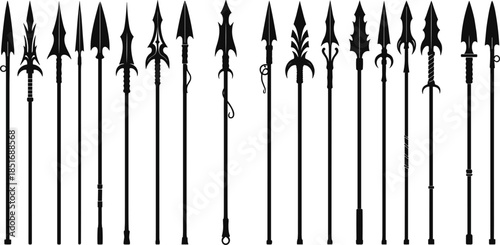 Assortment of black spearhead silhouettes with decorative shafts weapon polearm