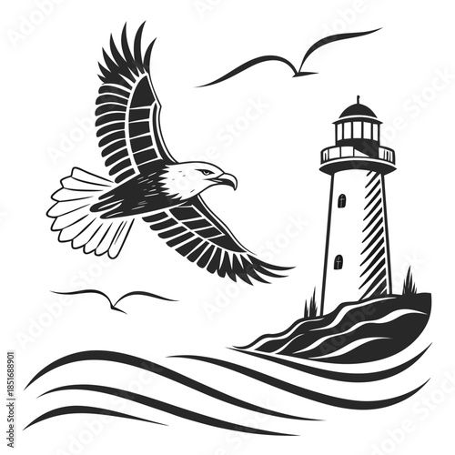 Eagle flying near lighthouse