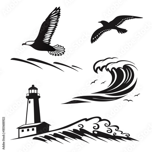 Seagulls and lighthouse silhouettes