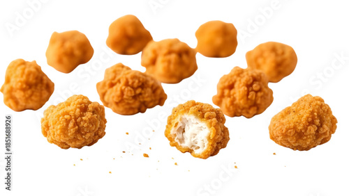 Crispy golden popcorn chicken pieces with one piece bitten