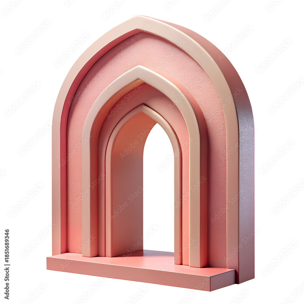 Fototapeta premium Soft Pastel Pink Islamic Archway Minimalist Podium Background Isolated on Transparent Background